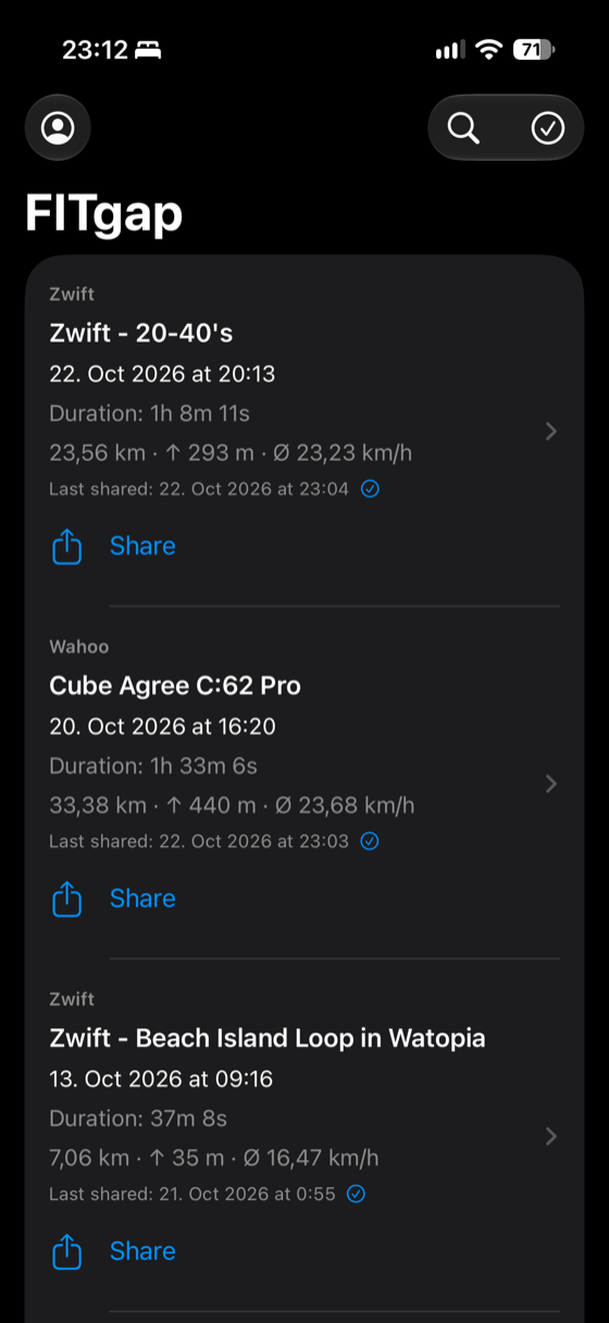 Activity list with Wahoo and Zwift rides